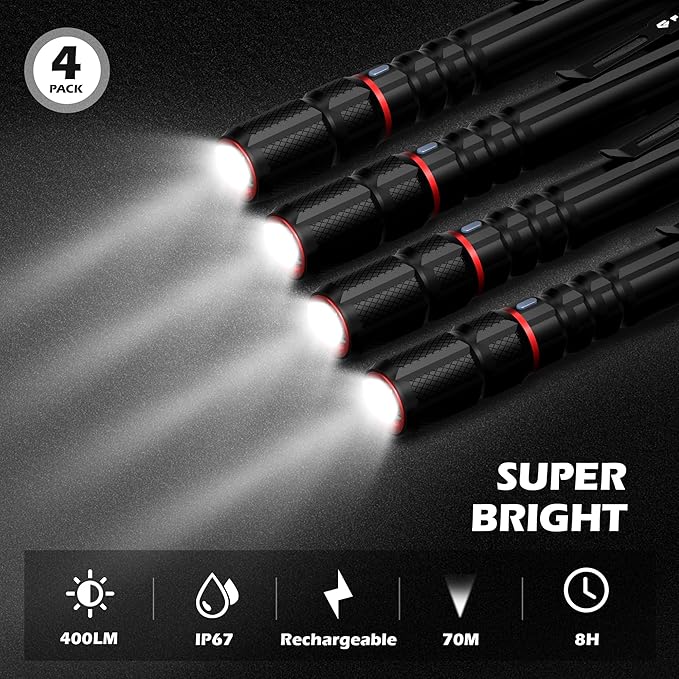 FORTO Rechargeable Pen Light Flashlight, 400 Lumens Small Pocket Flashlight with Clip, IP67