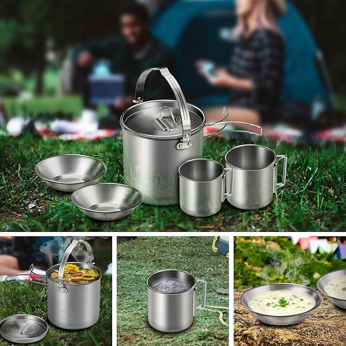 Lixada 5PCS Camping Cookware Set Stainless Steel 1.2L Camping Pot with 2 Cups & 2 Bowls