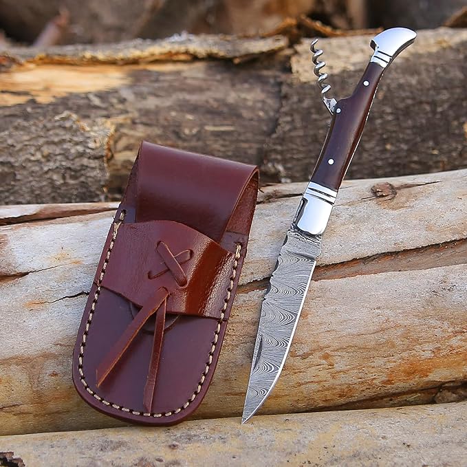 6.5 inch Damascus Pocket Knife with Sheath, Handmade Folding Pocket Knife for Men, Black-Red Wooden