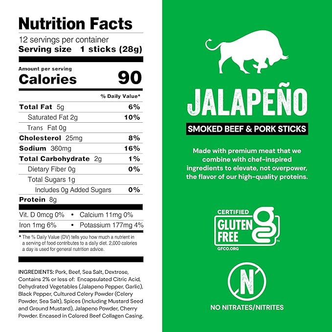 Chef's Cut Smoked Beef and Pork Jerky Meat Sticks, Jalapeño (1 Ounce Stick, Pack of 12) - High