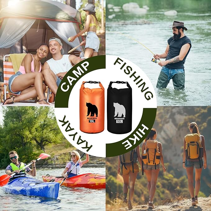 2 Pcs 10L Waterproof Bear Bags with 4 Nylon Ropes, 4 Clips & 2 Rock Pockets & 2 Small Warning Bells