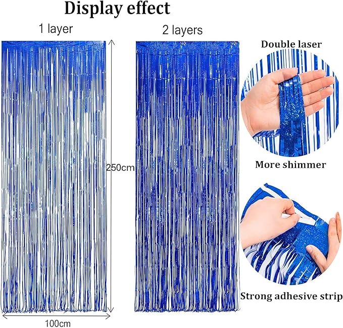 Foil Fringe Curtain Party Decorations - Black Blue Metallic Tinsel Photo Booth Backdrop Party