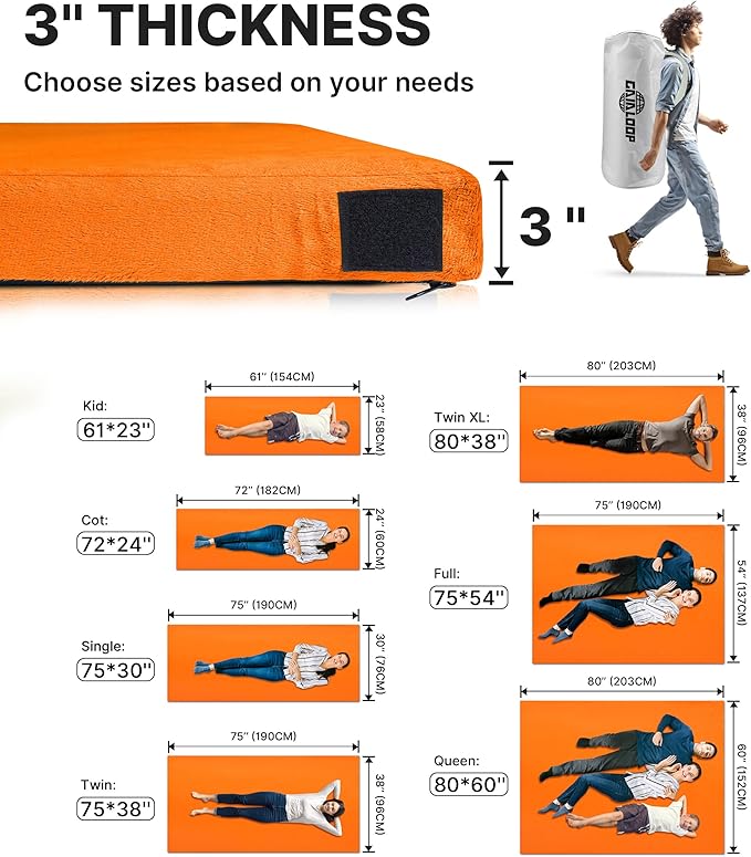 3 Inch GAIALOOP Thick Memory Foam Camping Mattress Sleeping Pad [Car/Tent/Cot] Glamping Portable