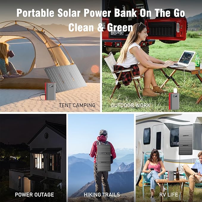 Portable Solar Power Bank with AC Outlet 65W 110V External Battery Pack, 24000mAh Portable Laptop