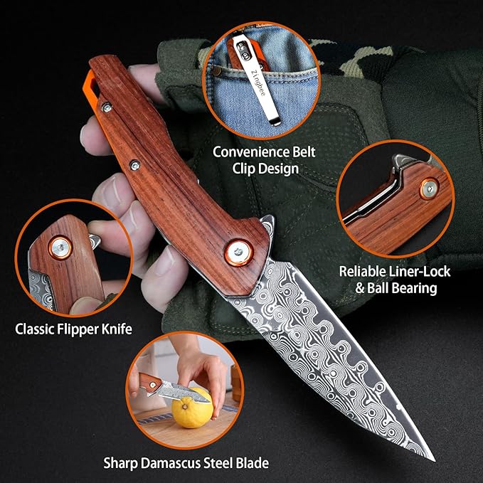 Damascus Pocket Knife for Men Women 3.03" Damascus Blade Folding Knife for EDC Outdoor Fishing