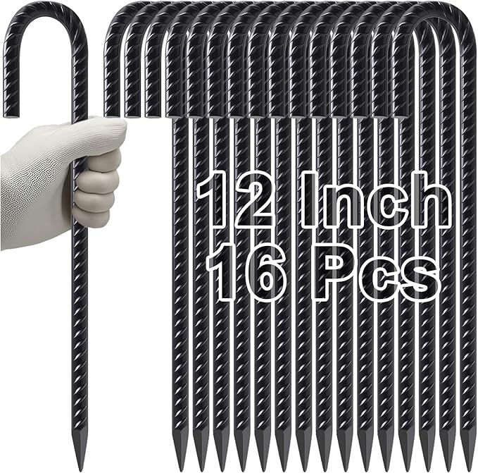 VVOKGO Rebar Stakes 12 Inches J Hook Heavy Duty Chain Link Fence Stakes, 16 Pcs Metal Long Tent