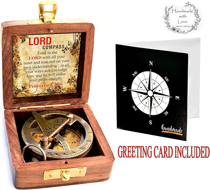 Trust in The Lord With All Your Heart - Proverbs 3:5-6 Quote Engraved Compass With Wooden Box
