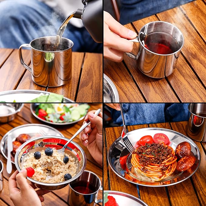 Odoland 29pcs Stainless Steel Utensils Camping Tableware Kit with Bowls Plates Cups Forks Spoons