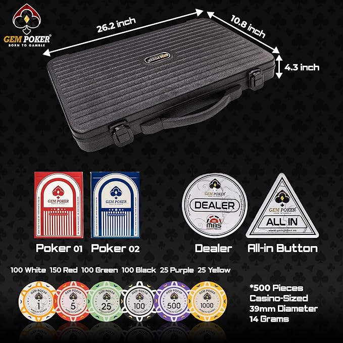 Luna 14 Gram Clay Poker Chips Set for Texas Hold’em, 500PCS Numbered Chips, Features a High-end