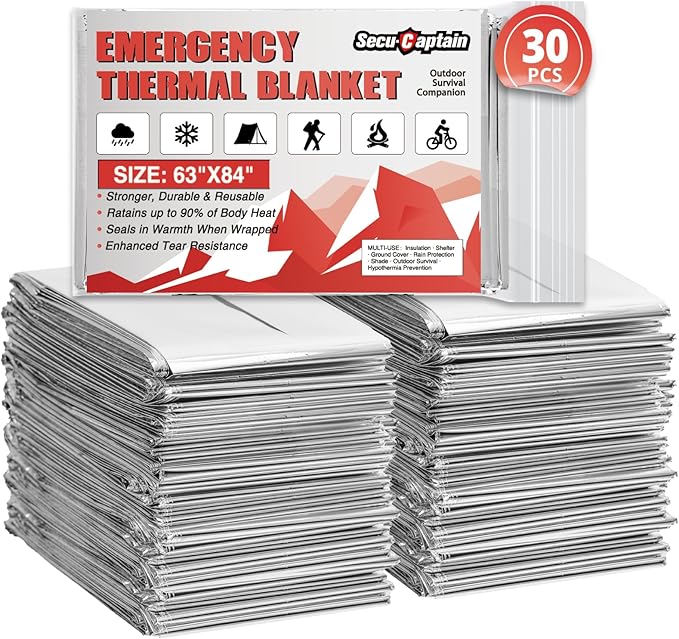 SecuCaptain Survival Emergency Thermal Blankets: 30 Pack Extra Large 84??x63??Space Mylar Blanket