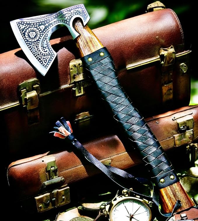 AX-7000 Custom Gift Forged Carbon Steel Viking Axe with Rose Wood Shaft, Viking Bearded Camping Axe