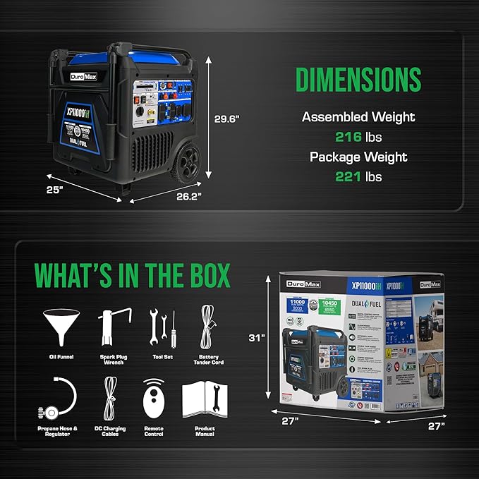 DuroMax XP11000iH 11,000-Watt Dual Fuel Portable Digital Inverter Generator - Gas & Propane, Remote