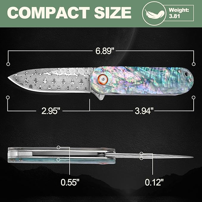 Damascus Pocket Knife with Sheath 2.95" Damascus Steel Blade Folding Knife with Abalone Shell