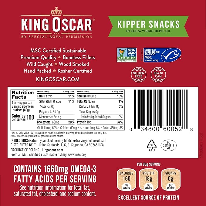King Oscar Kipper Snacks in Extra Virgin Olive Oil, 3.54 Ounce Cans (Pack of 12), Lightly Smoked