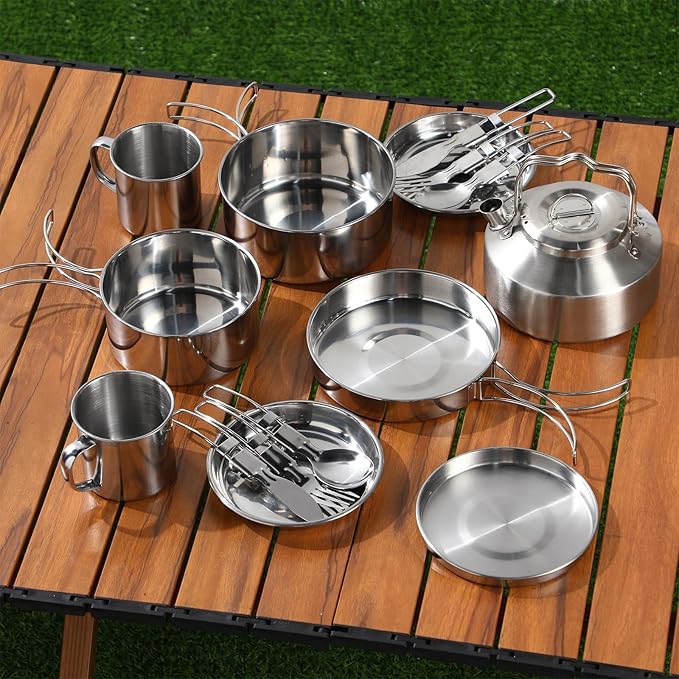 15 Pcs Camping Cookware Mess Kit Outdoor Cooking Set Stainless Steel with Pot and Pan Kit 2 Set