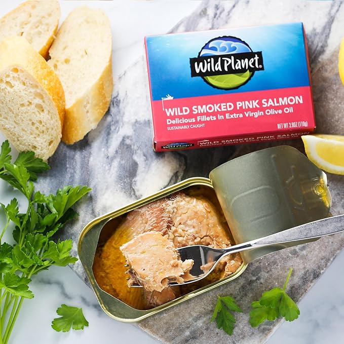 Wild Planet Wild Smoked Pink Salmon Fillets in Extra Virgin Olive Oil, Tinned Fish, Canned Salmon