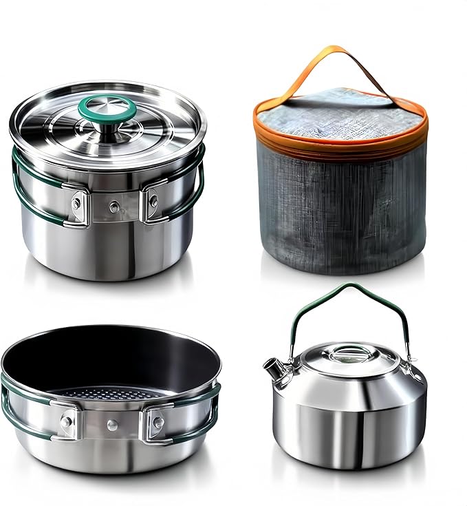 Stainless Steel Camping Cookware, durable, easy to clean, and quick to heat up. Compact camping