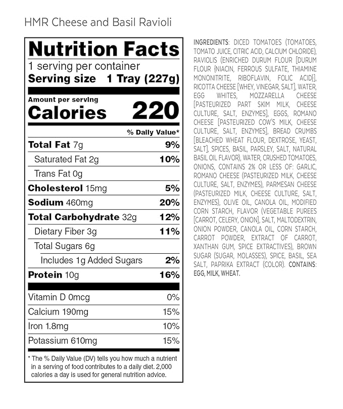 HMR Cheese and Basil Ravioli Entrée | Pre-packaged Lunch or Dinner to Support Weight Loss | Ready
