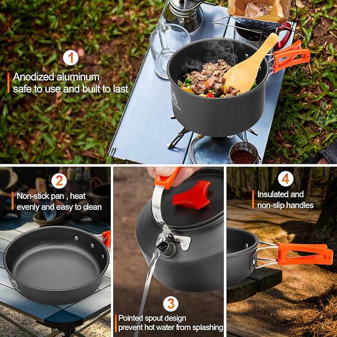 17pcs Camping Cookware Kit, 0.45Gal Pot, 7inches Pan,0.30Gal Kettle Set with 2 Set Stainless Steel