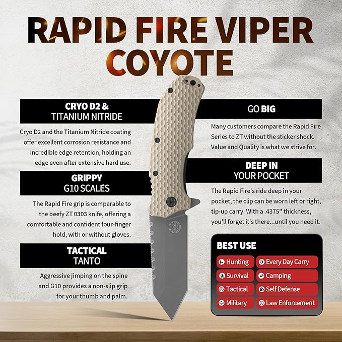 Off-Grid Knives - Rapid Fire Viper, Assisted Tanto Blade, Hard Use Build, Tactical, Camping &