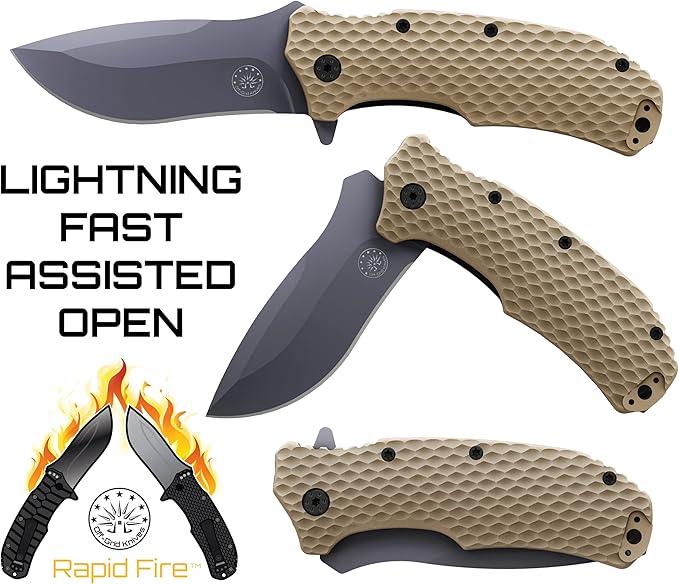 Off-Grid Knives - Rapid Fire Coyote, Large Assisted EDC, Hard Use Construction, Camping and