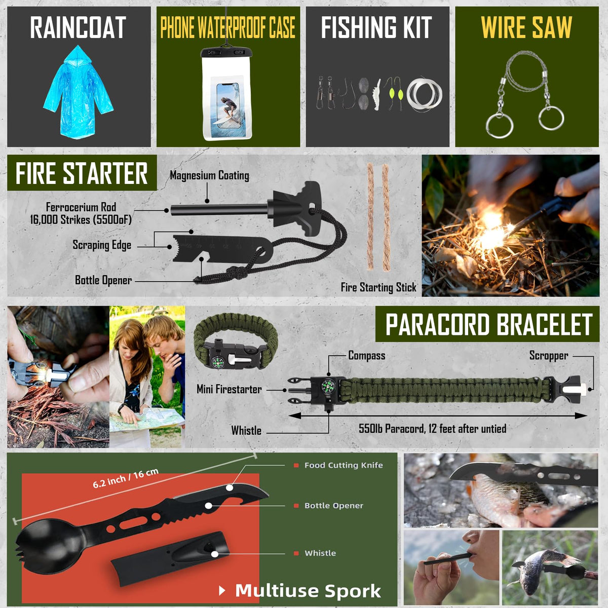 Survival Kit, 268 Pcs Emergency Survival Gear and Equipment Supplies with First Aid Kit, Camping