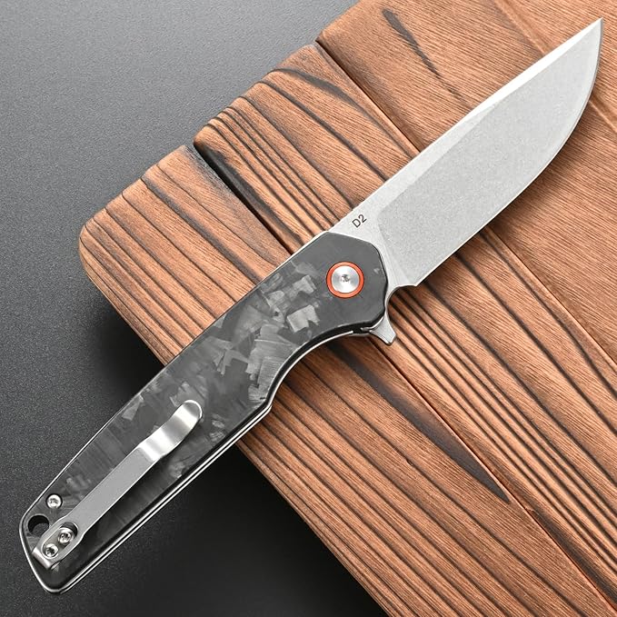 FF19 Folding Pocket Knife，D2 Steel Blade Carbon Fiber Handle EDC Tool Knife for Outdoor Camping