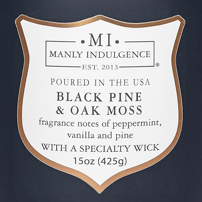 Manly Indulgence Black Pine Oakmoss Scented Candles for Men, 15 oz Wooden Wick, Premium Soy Blend