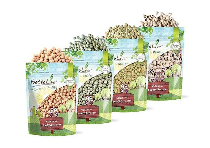 Food to Live Premium Pulses Bundle, 4 Pack ??Chickpeas(5 LB), Whole Green Peas(5 LB), Green