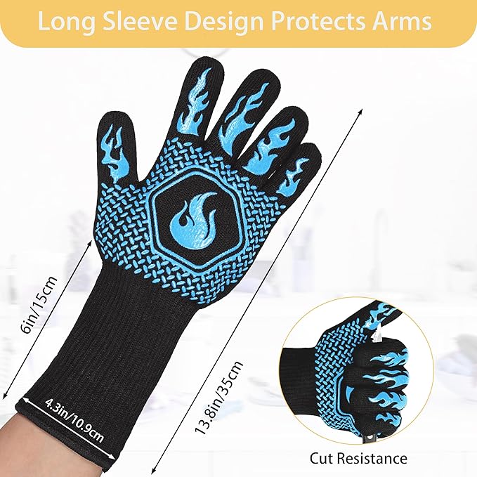 BBQ Fireproof Gloves, Grill Cut-Resistant Gloves 1472°F Heat Resistant Gloves, Non-Slip Silicone