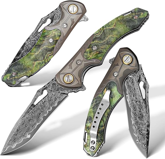VG10 Damascus Steel Folding Knife, Stable Wood with Leather cover and pocket clip, Outdoor Survival