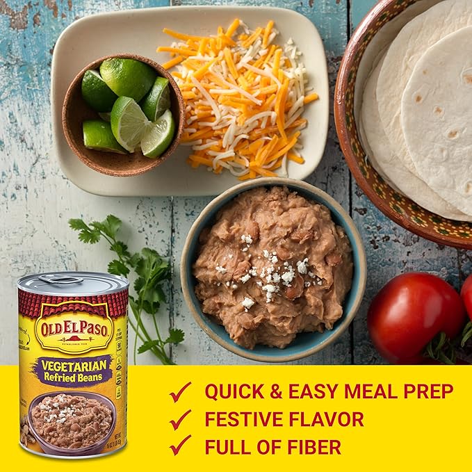 Old El Paso Vegetarian Refried Beans, Meal Prep, Good Source of Fiber, 16 oz (Pack of 12)