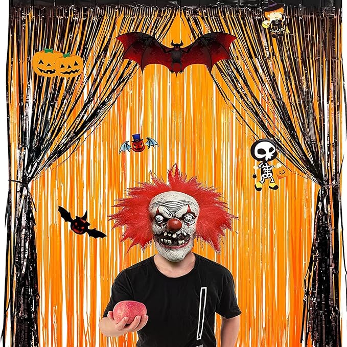 Foil Fringe Curtains Halloweens Decorations - Orange Tinsel Photo Backdrop Party Streamers for St