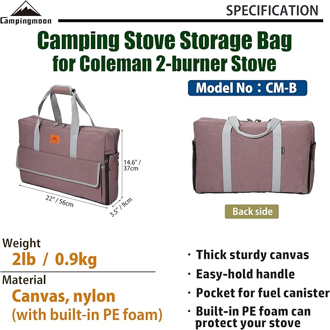 CAMPINGMOON Camping Stove Carry Case for Coleman 2-burner Stove Canvas CM-B Pockets for Gas Fuel