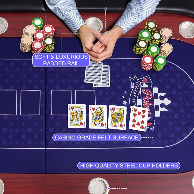 86" Foldable Poker Table, 10-Player Large Folding Texas Holdem Blackjack Table with Cup Holders