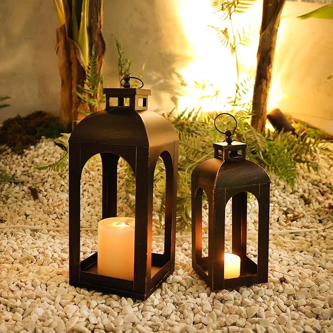 DECORKEY LED Lantern Decorative Outdoor&Indoor, Set of 2 (17’’&13’’) Black Metal Lanterns Decor