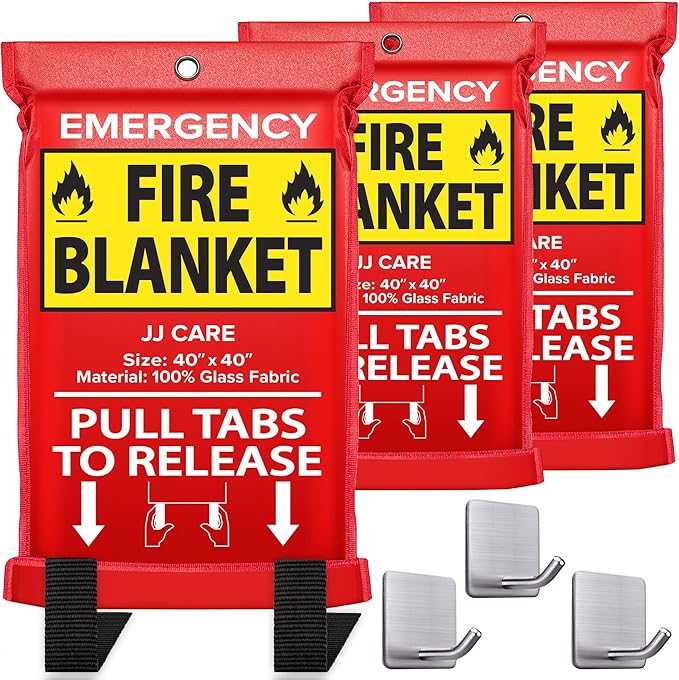 JJ CARE Fire Blanket ??3 Packs with Hooks ??Emergency Fire Blanket for Home & Kitchen, High Heat
