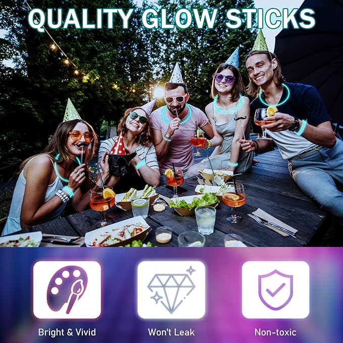 Hanaive 300 Pcs Glow Sticks Bulk 8 Inch Glow in The Dark Party Favors Neon Bracelets and Necklaces