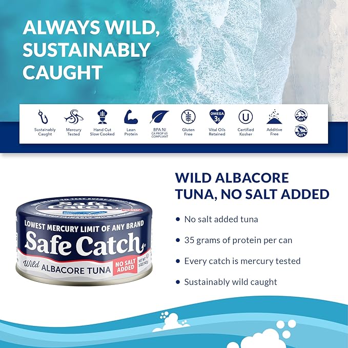 Safe Catch Canned Lowest Mercury Limit Albacore Tuna Fish No Salt Added, Wild Caught, Gluten-Free