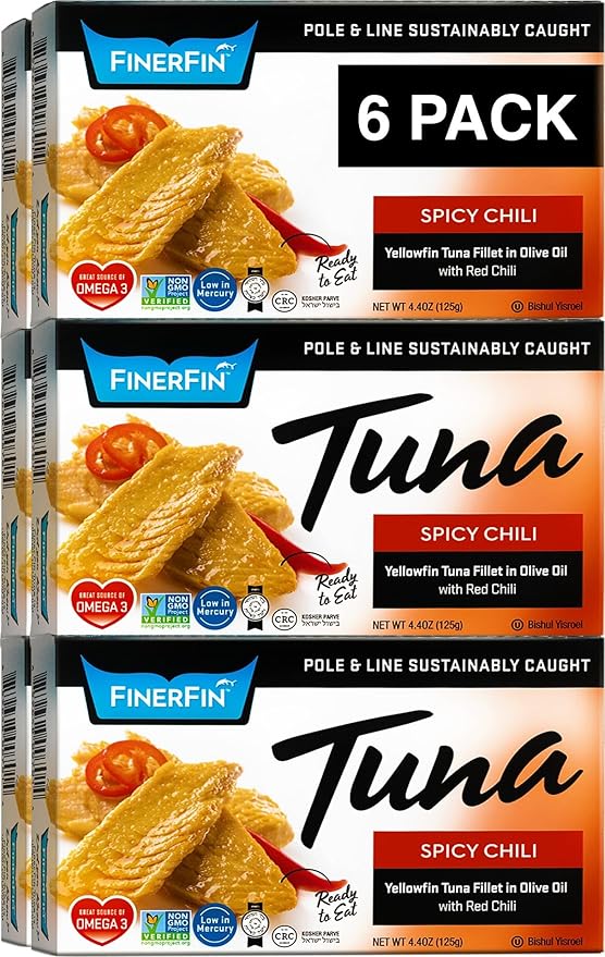 FinerFin Yellowfin Tuna In Organic Olive Oil ??Spicy Chili Flavor (4.4oz can - 6 Pack); Premium