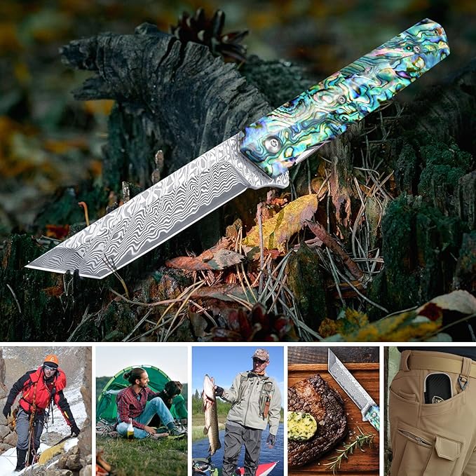 AUBEY Damascus Pocket Knife with Clip, Sharp Tanto Blade with VG10 Core Folding Knife with Abalone