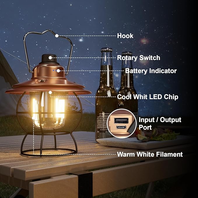 LED Camping Lantern Rechargeable Dimmable, Portable Vintage Outdoor Lantern 2700-6500K Waterproof