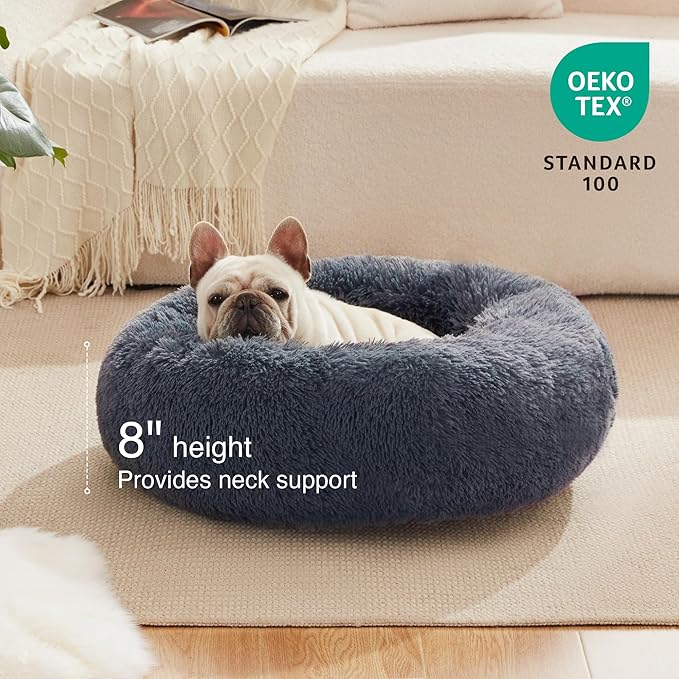 Love's cabin Calming Cat Bed for Indoor Cats, Anti-Anxiety Donut Round Dog Bed, Fluffy Faux Fur
