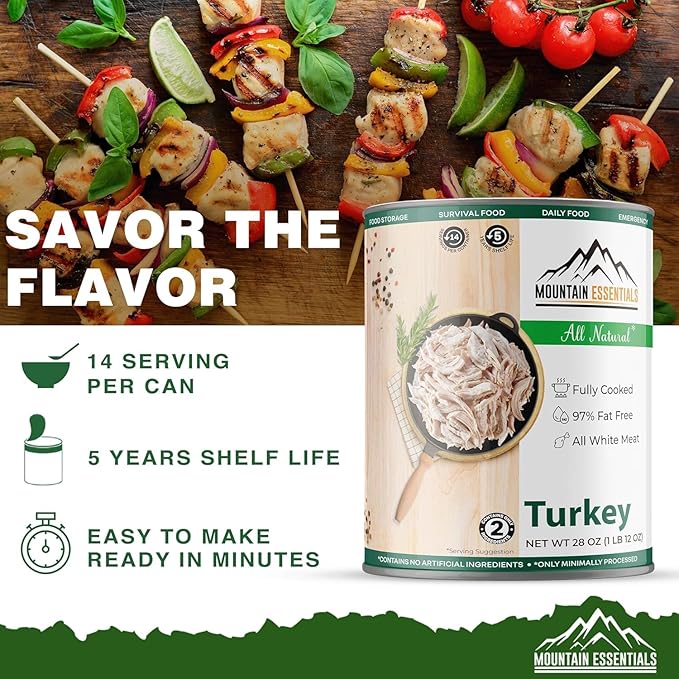 MOUNTAIN ESSENTIALS Canned Meat Sampler Pack 28 Oz – 1 Can Each of Chicken, Turkey, Pork, Beef &