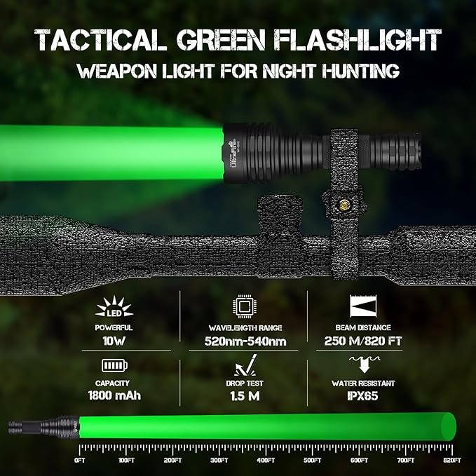 ULTRAFIRE 10W Green Hunting Flashlight 273 Yards Super Bright LED Green Flashlight for Night