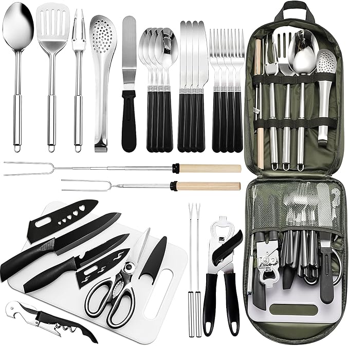 Portable Camping Kitchen Utensil Set-27 Piece Cookware Kit, Stainless Steel Outdoor Cooking and