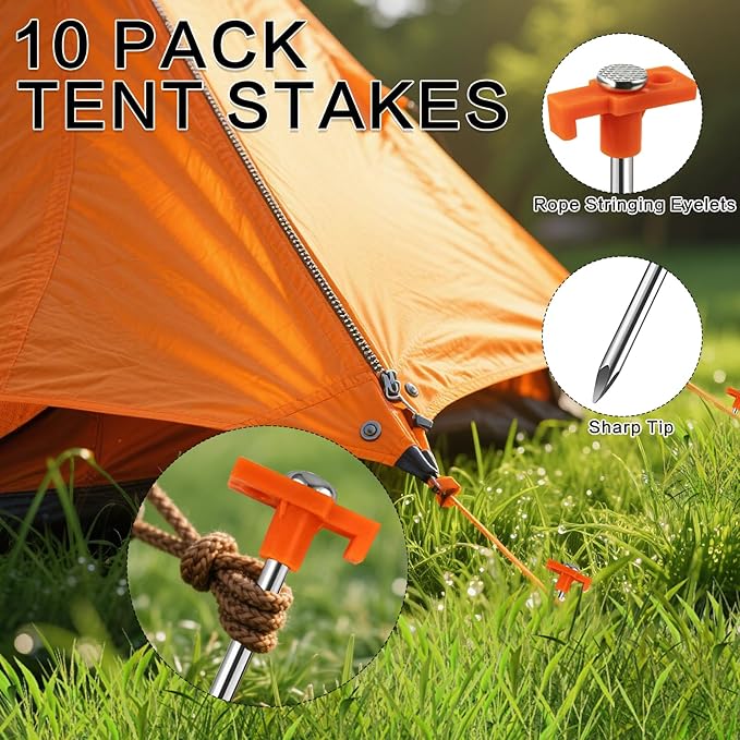 10 Pack Tent Stakes - 9.75 Inch Galvanized Non-Rust Ground Stakes Heavy Duty Canopy Anchors Metal