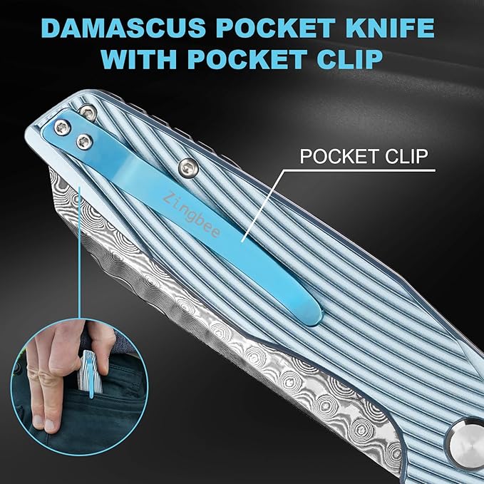 Damascus Pocket Knife 3.46" Damascus Steel Blade EDC Pocket Knives & Folding Knives for Men Women