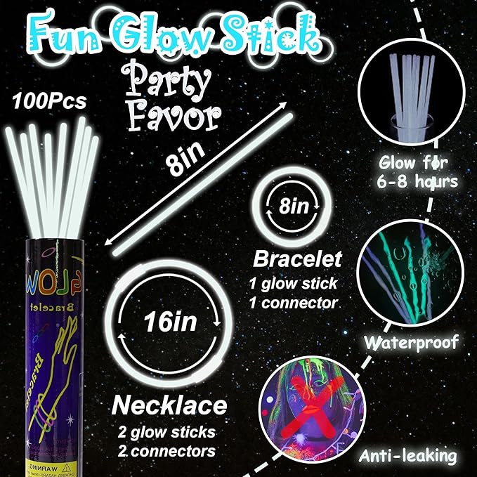 100 pk 8" White Glow Sticks Bulk Party Favors, Light up Glow Necklaces & Bracelets in the Dark