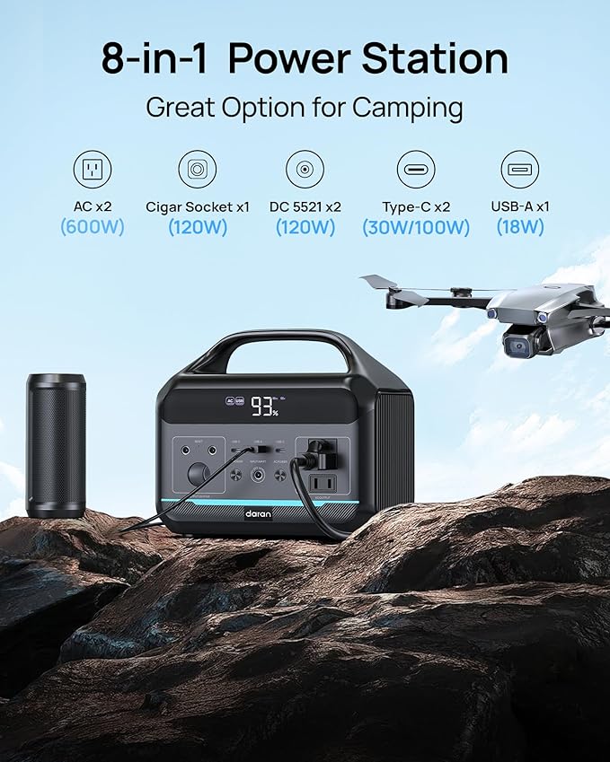 DARAN Portable Power Station 600W(1200W Surge) - 288Wh(90,000mAh) Solar Generator LiFePO4 Battery